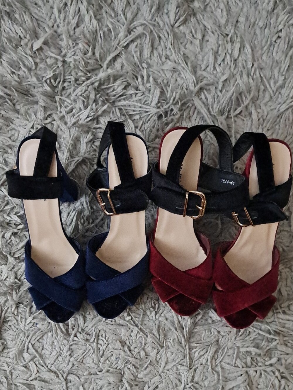 2x Super Mode Bundle Lot Velvet Cross-Strap Sandals in Navy and Burgundy Size 41